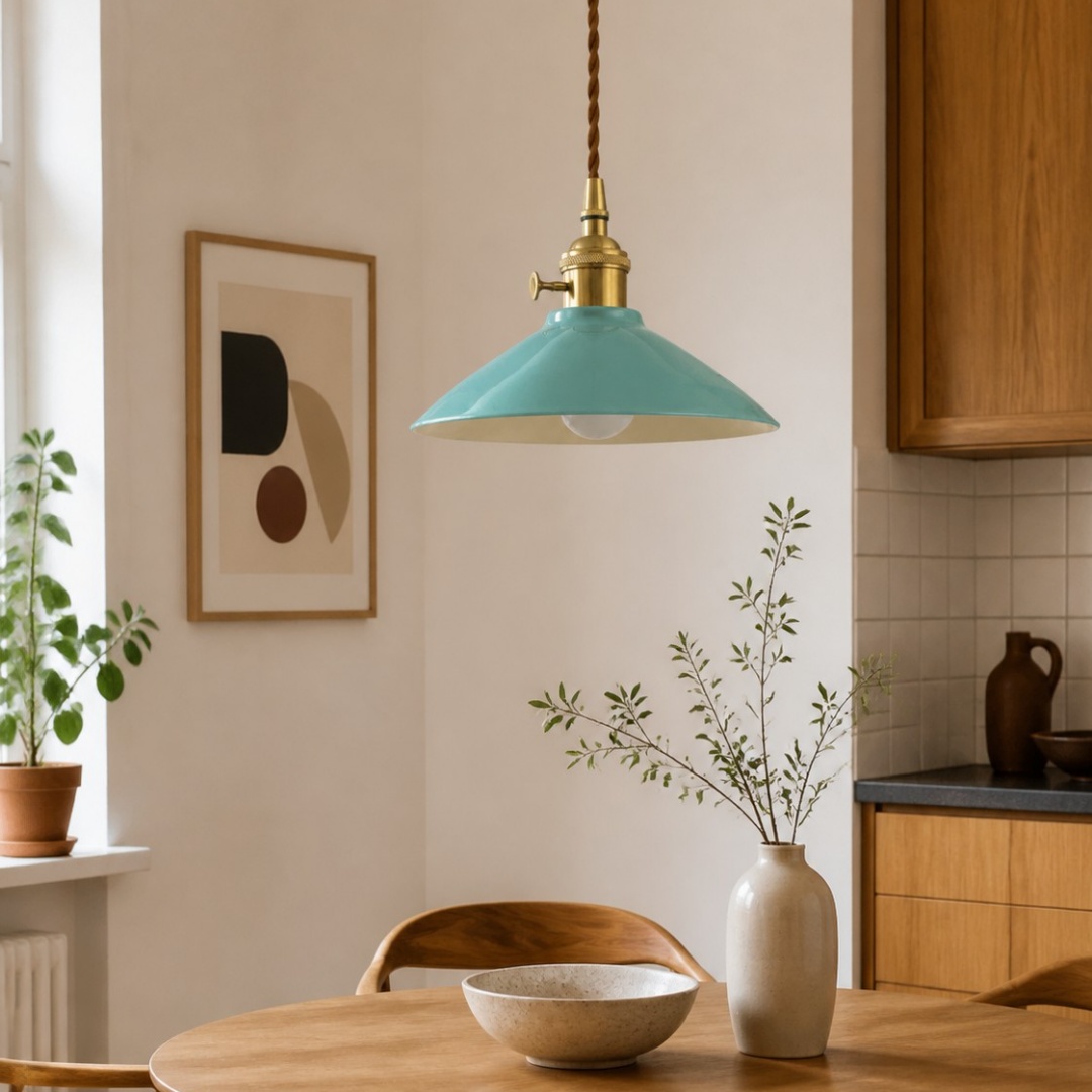 Lámpara colgante de cerámica celadón sobre una mesa de cocina compacta.