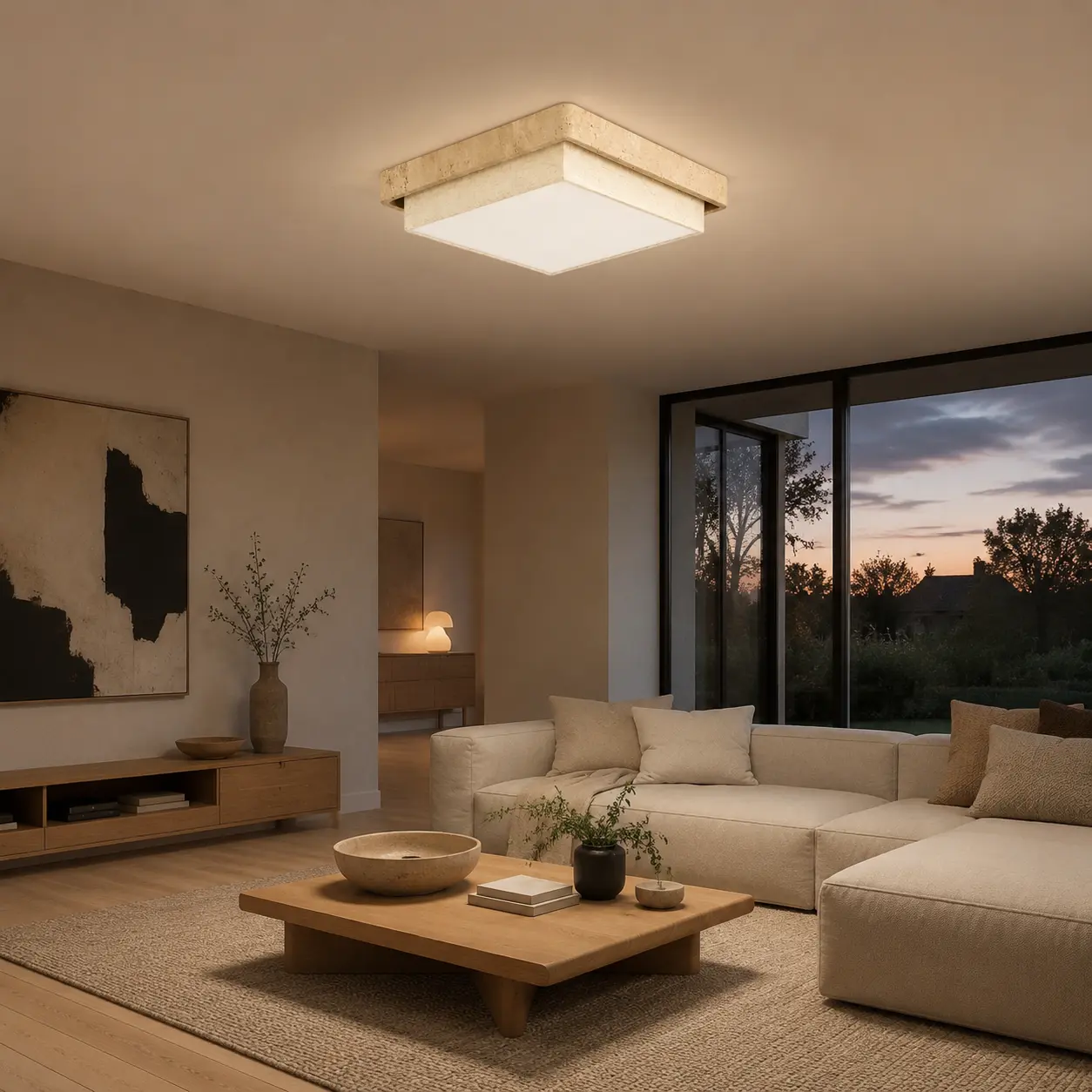 Square 50 cm travertine-look fabric LED ceiling light in a modern living room