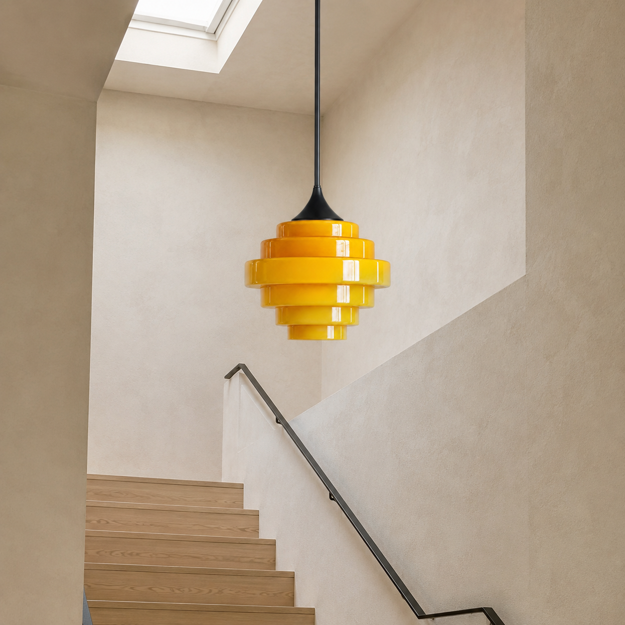 Yellow gradient glass pendant in a modern stairwell