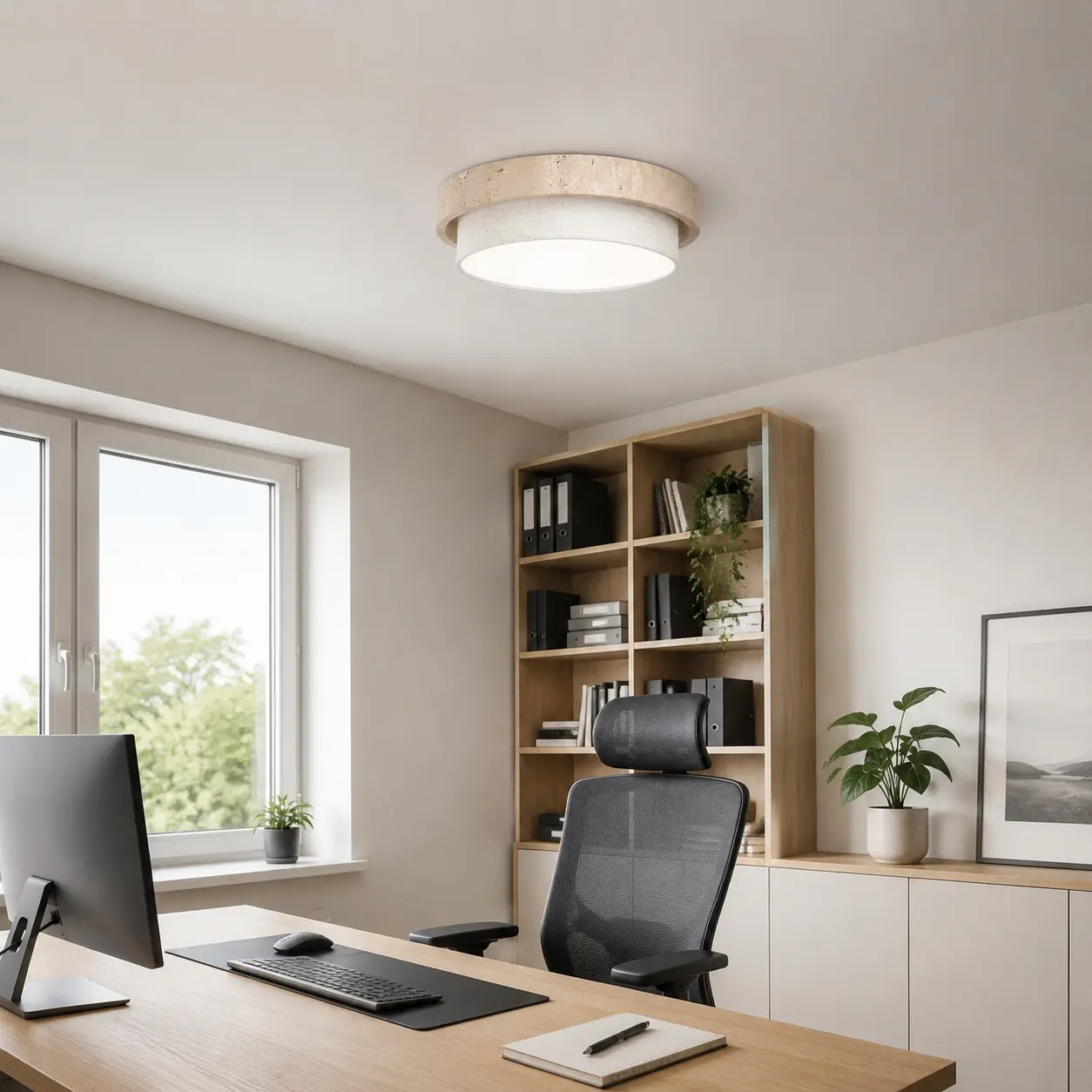 Round 35 cm travertine-look fabric LED ceiling light in a home office