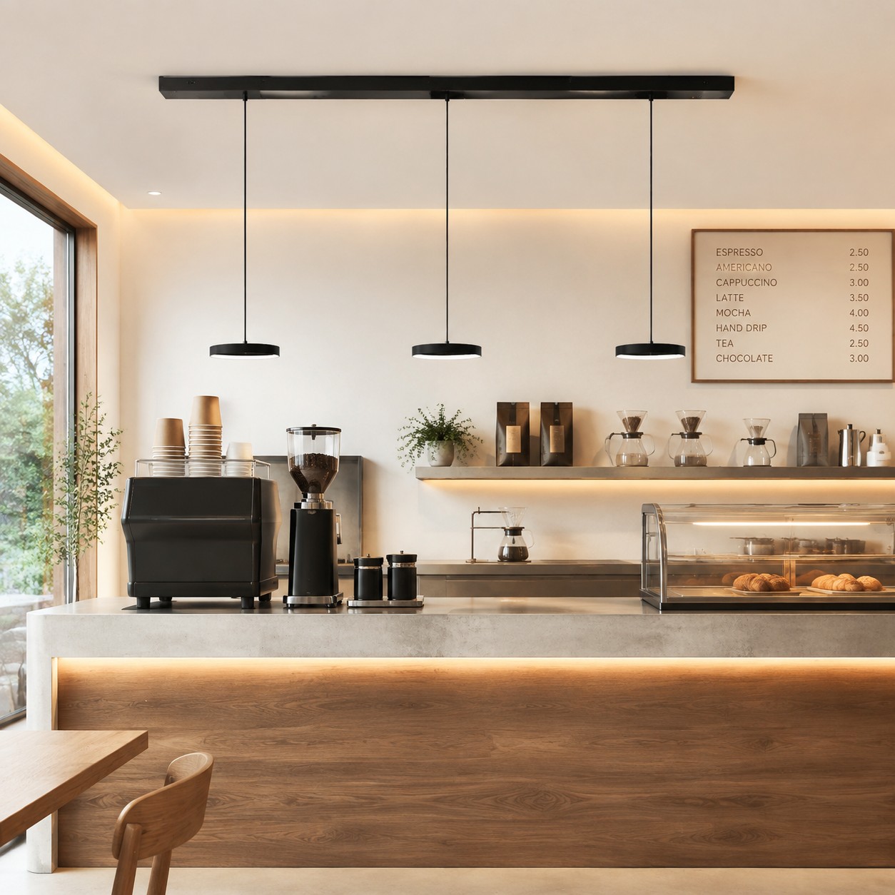Lámpara colgante negra de tres luces en una cafetería.