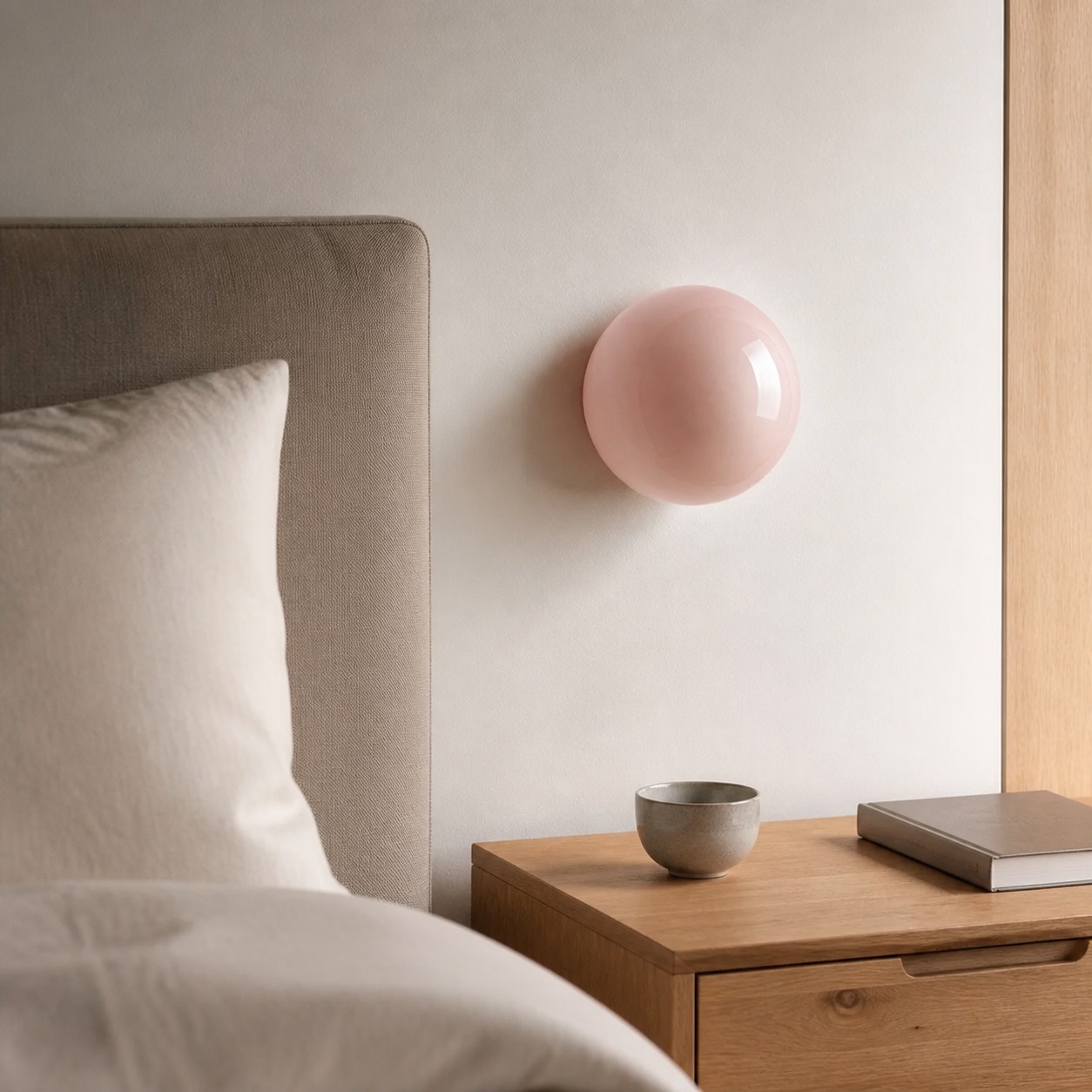 Pink glass lollipop wall light beside a bed