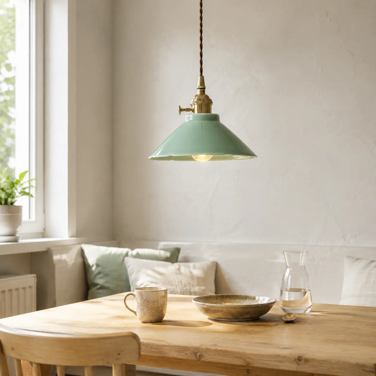 Pink celadon ceramic pendant light above a bright breakfast table