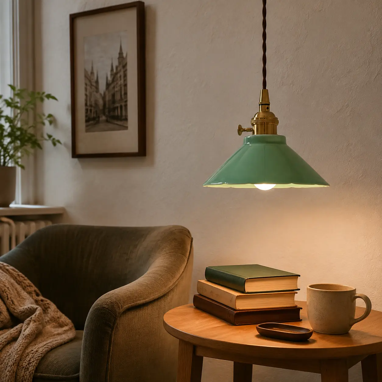 Plum green ceramic pendant light in a vintage reading corner