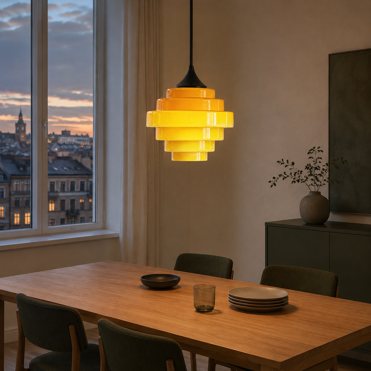 Yellow gradient glass pendant above a dining table