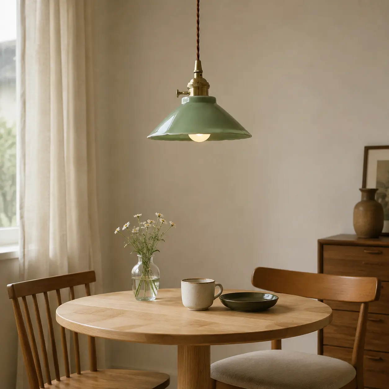 Plum green ceramic pendant light above a compact dining table