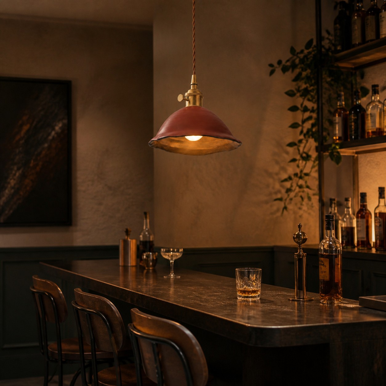 Lámpara colgante de cerámica de doble esmaltado en un ambiente íntimo de bar.