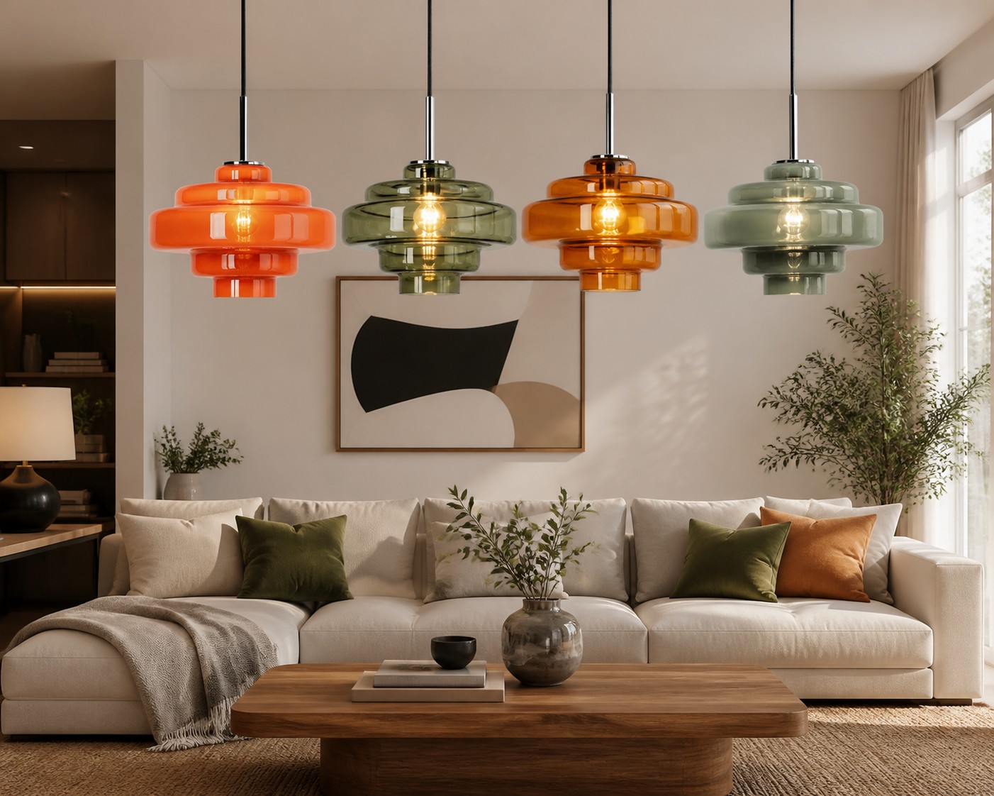 Barevné skleněné závěsné lampy ve stylu Bauhaus v moderním obývacím pokoji
