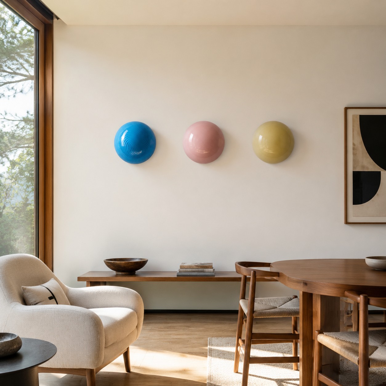 Blue pink and yellow glass lollipop wall lights in one room