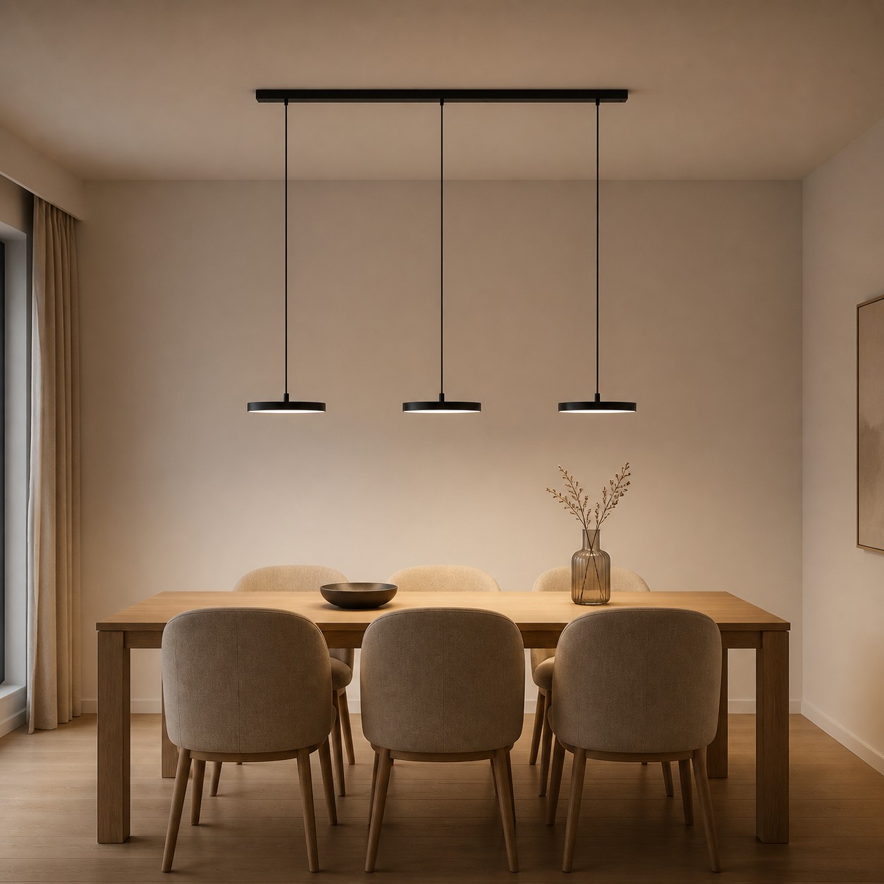 Lámpara colgante negra de tres luces con forma de disco sobre una mesa de comedor.