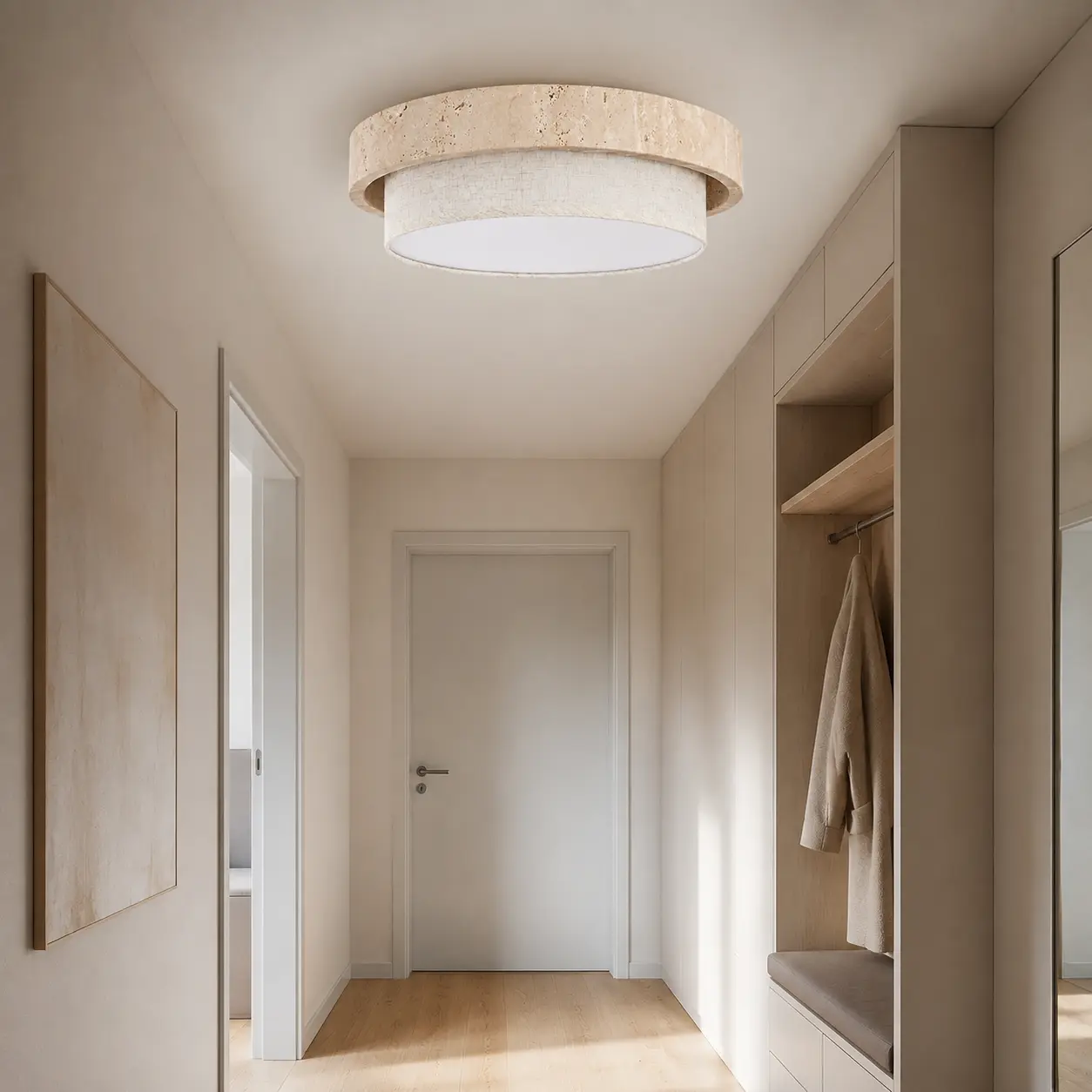 Round 35 cm travertine-look fabric LED ceiling light in a German apartment hallway