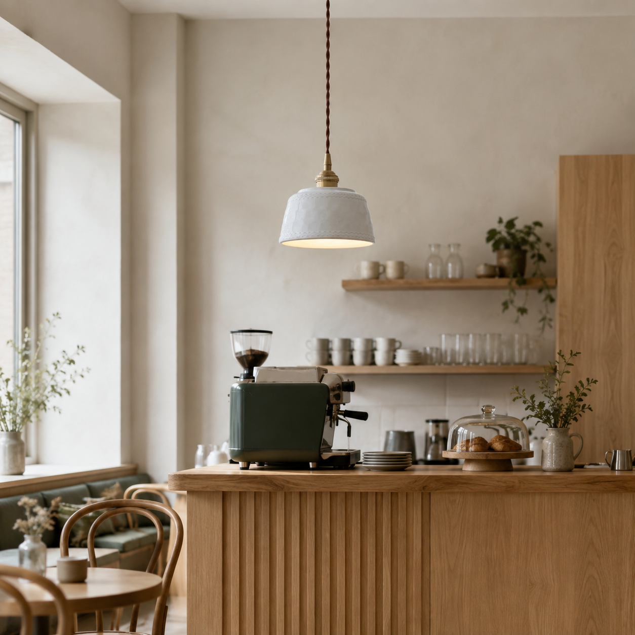Weiße Keramik-Pendelleuchte über einem kleinen Café-Tresen