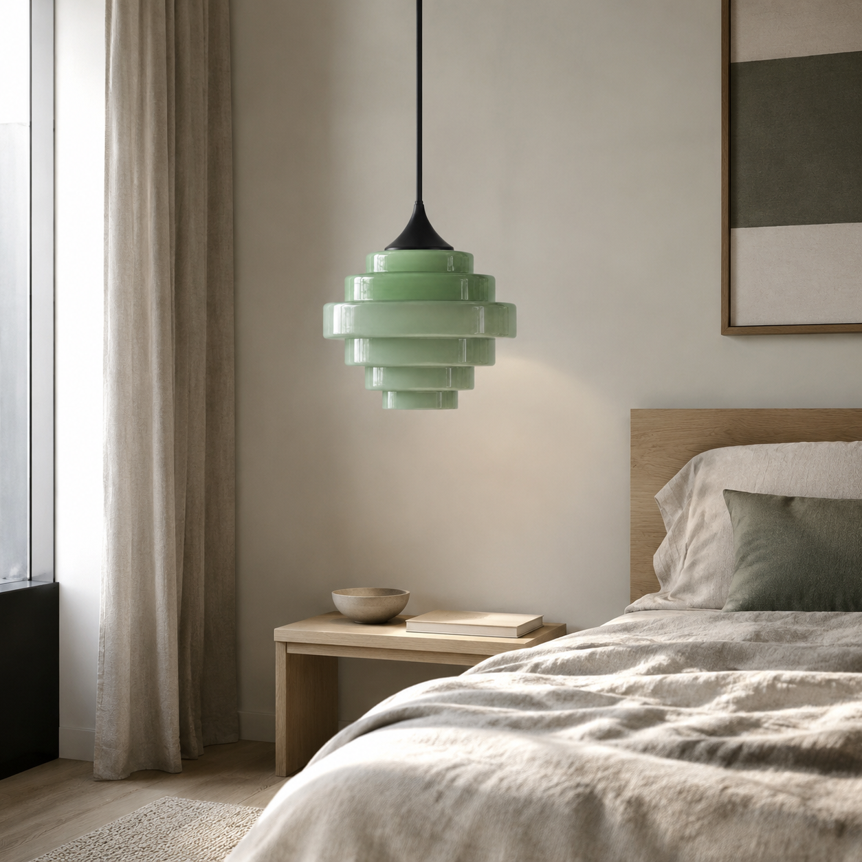 Green gradient glass pendant in a calm bedroom