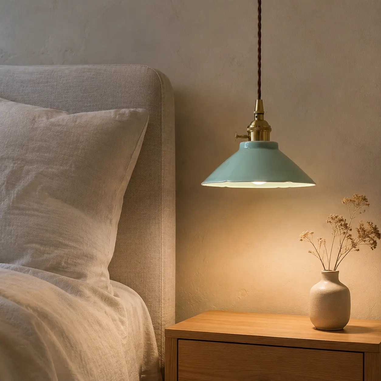 Pink celadon ceramic pendant light beside a calm bedside setting