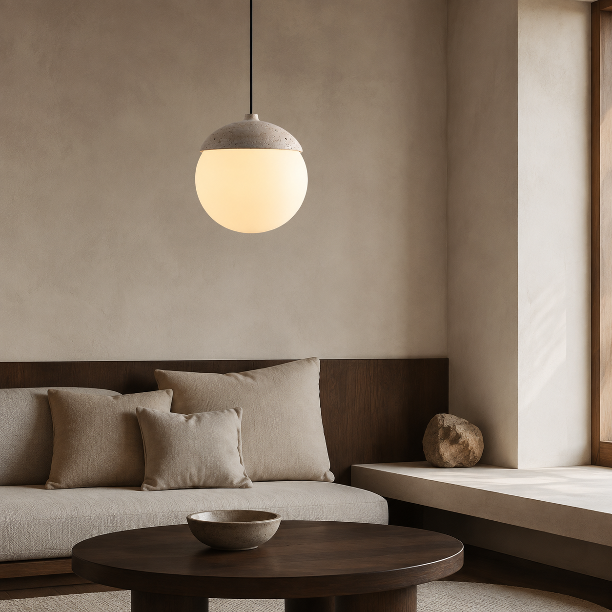 Travertin-Pendelleuchte C in einer ruhigen Guesthouse-Lounge