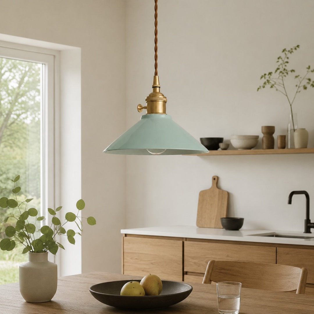 Lámpara colgante de cerámica celadón en una cocina de planta abierta.