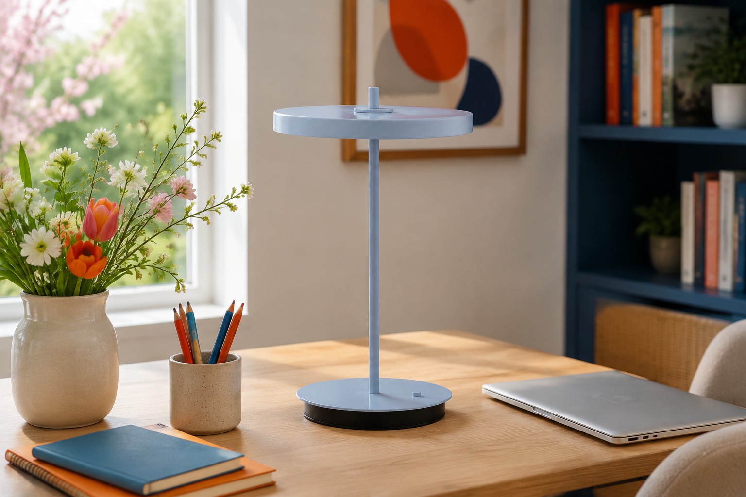 Lámpara de mesa Astris en un interior de espacio de trabajo refinado