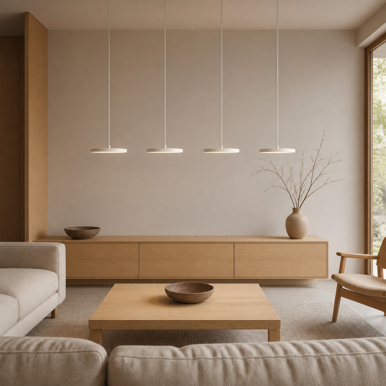 Lámpara colgante de cuatro luces en color blanco y beige en la sala de estar.