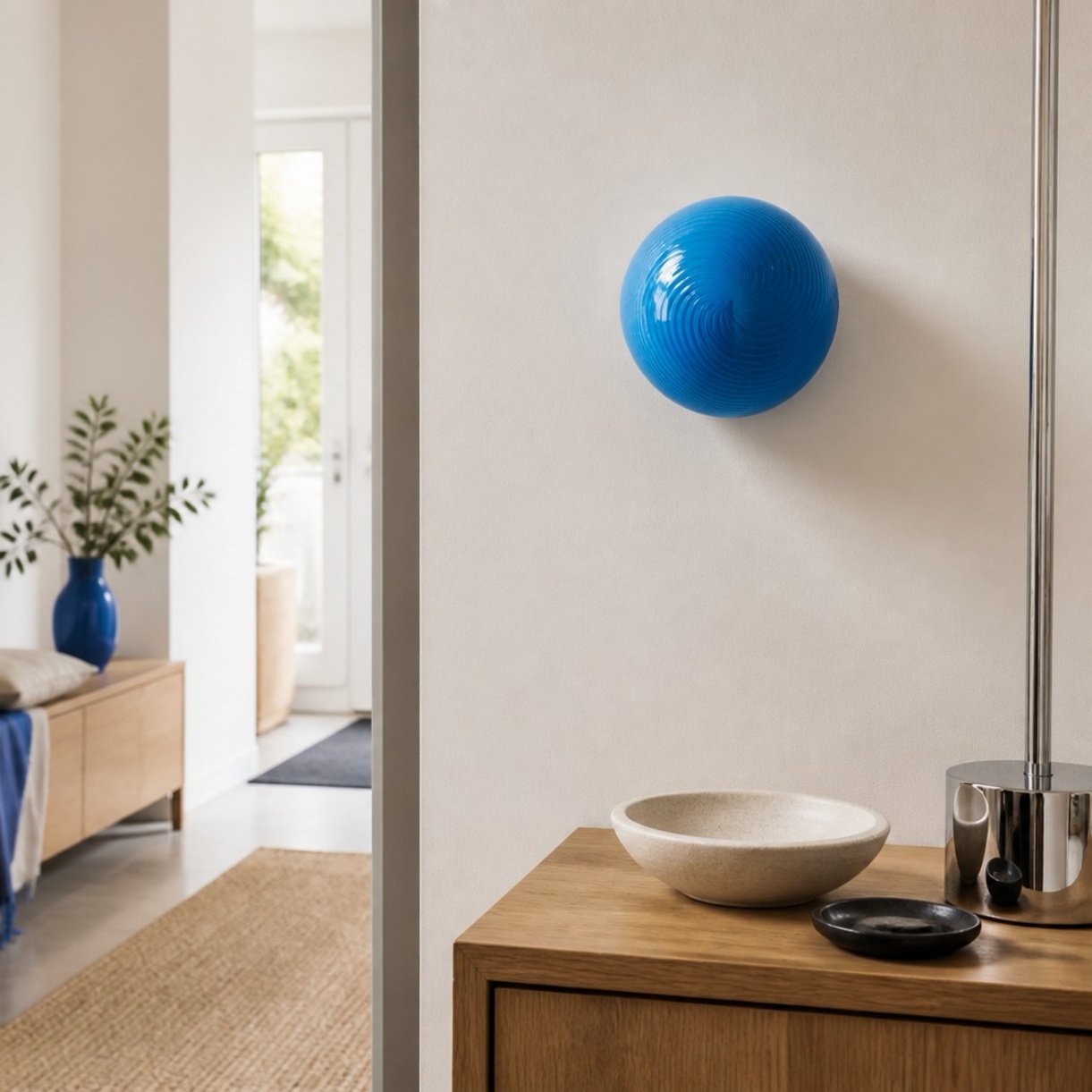 Blue glass lollipop wall light in an open hallway