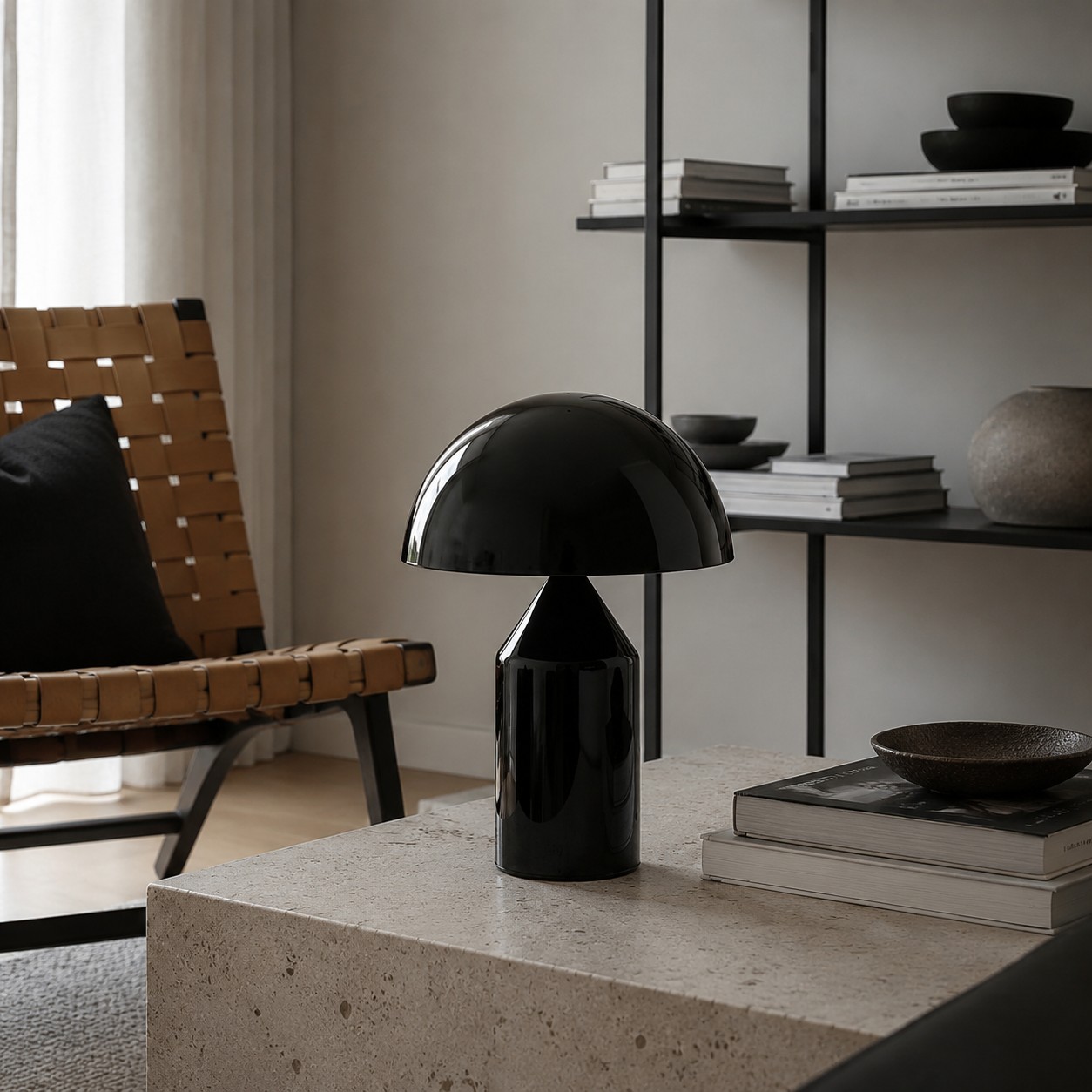 Black dome table lamp in a modern lounge