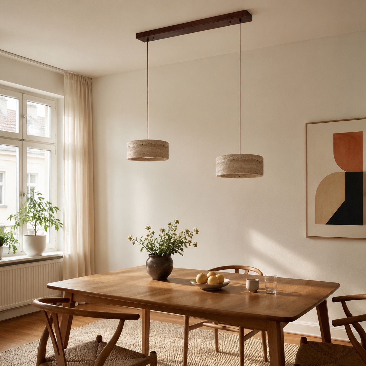 Two-light yellow travertine pendant over a compact dining table