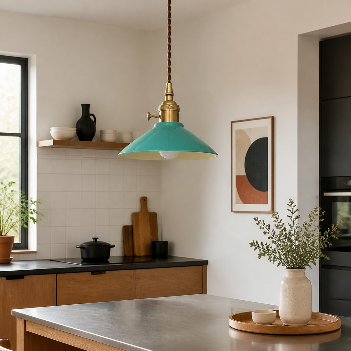 Lámpara colgante de cerámica celadón en un interior de cocina diáfano.