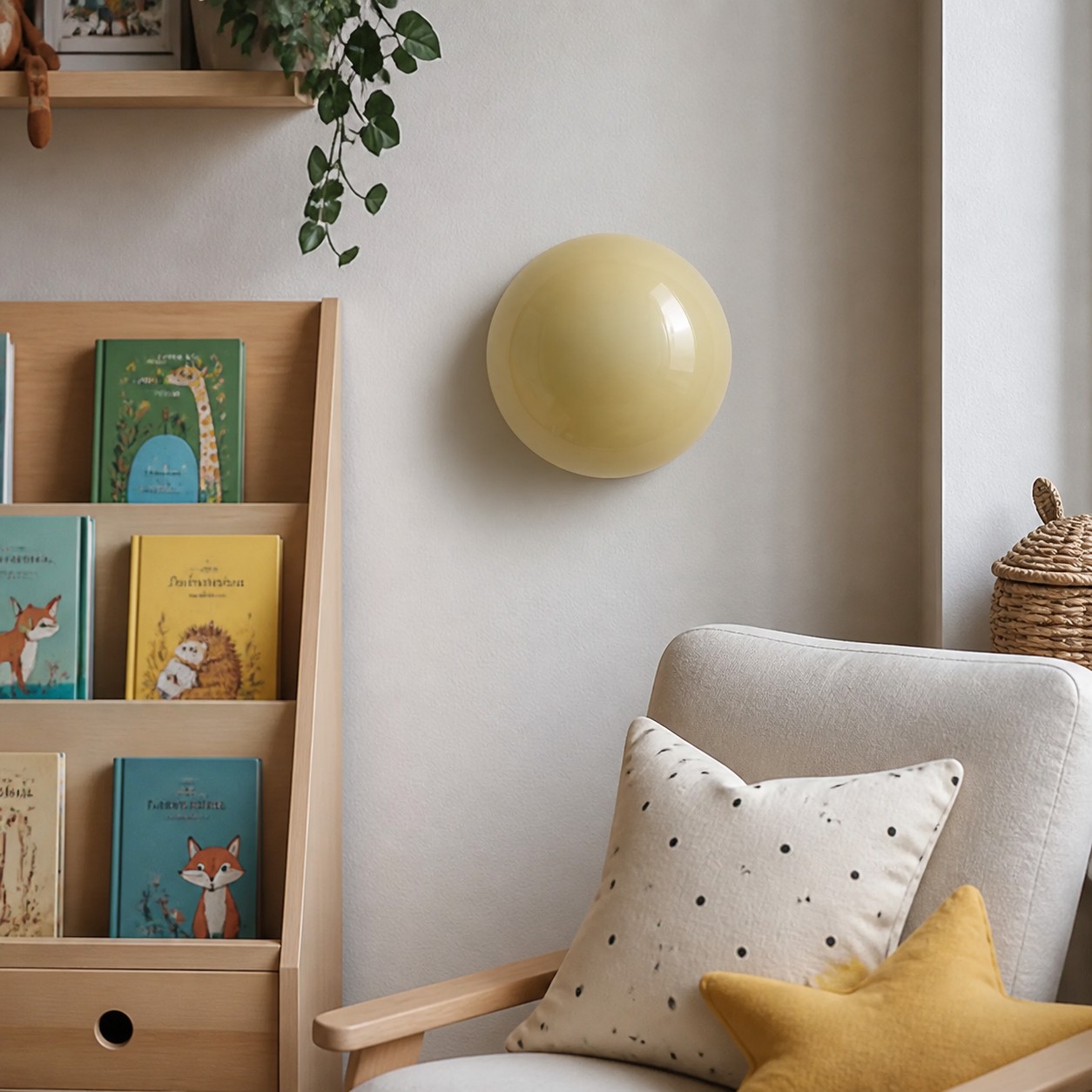 Yellow glass lollipop wall light in a reading corner