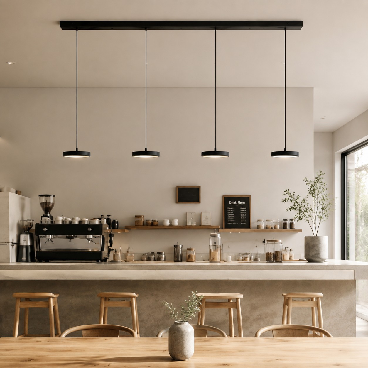 Lámpara colgante negra de cuatro luces en una cafetería.