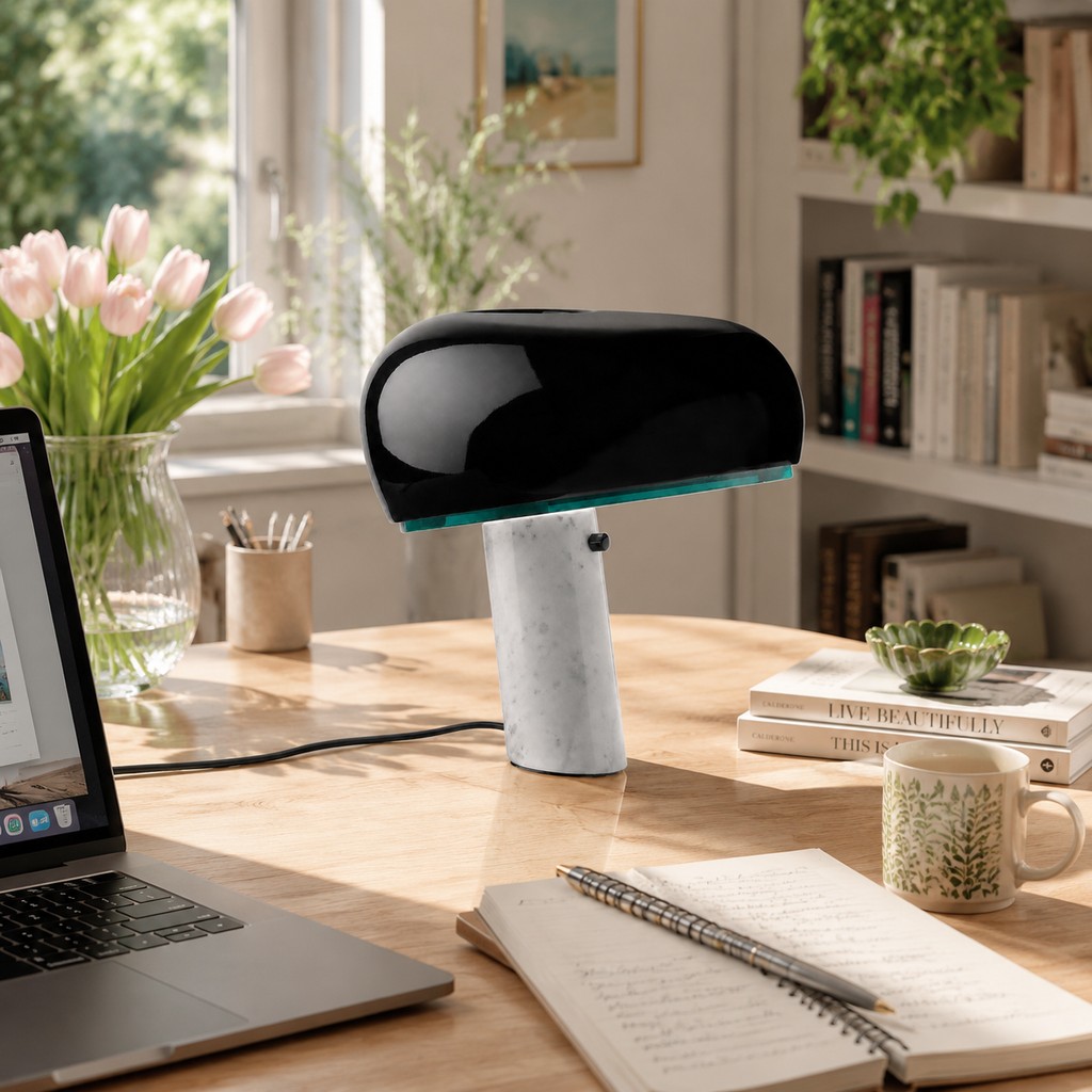 Schwarze Snoopy-Tischlampe ausgeschaltet auf einem Home-Office-Schreibtisch