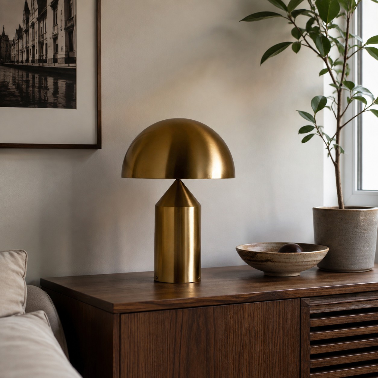 Golden dome table lamp in a warm living room
