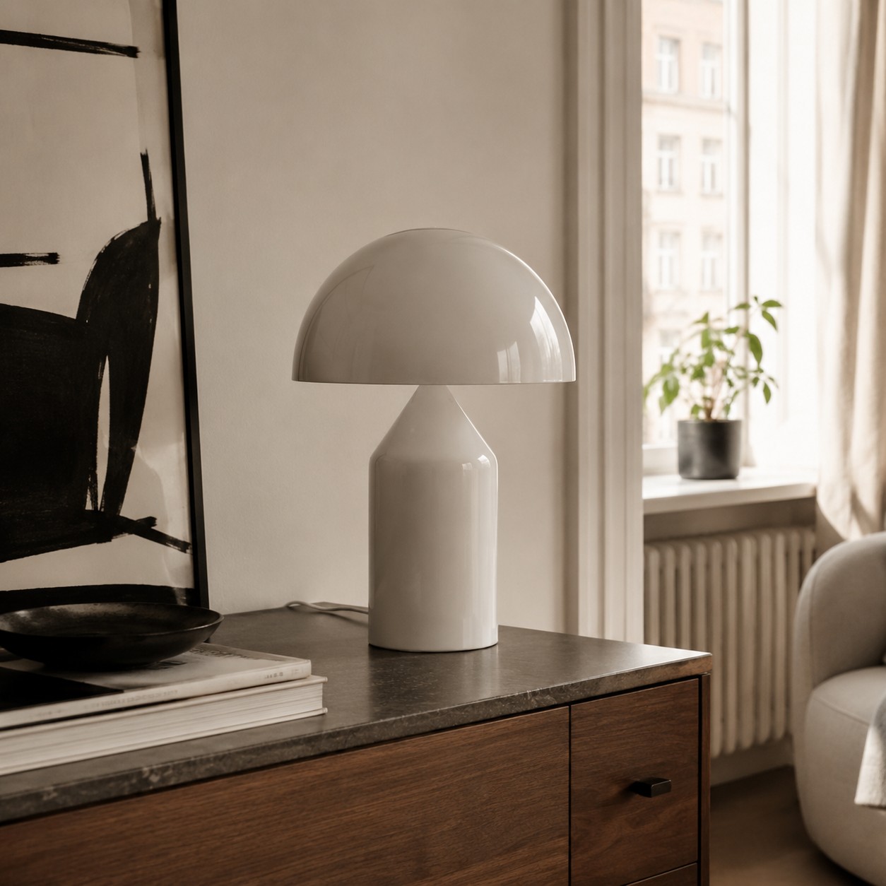 Opal dome table lamp in a bright living room