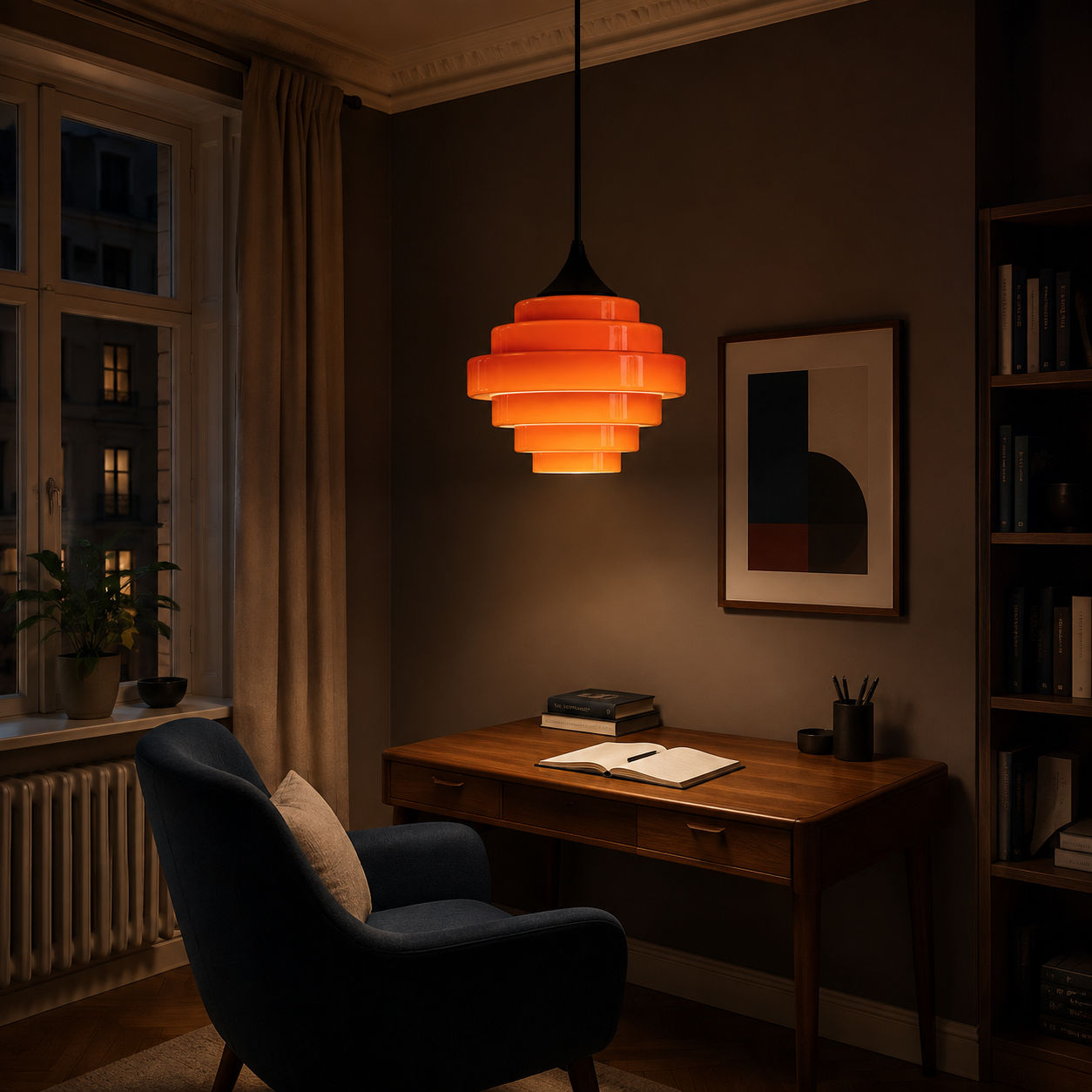 Orange gradient glass pendant in a reading and work corner