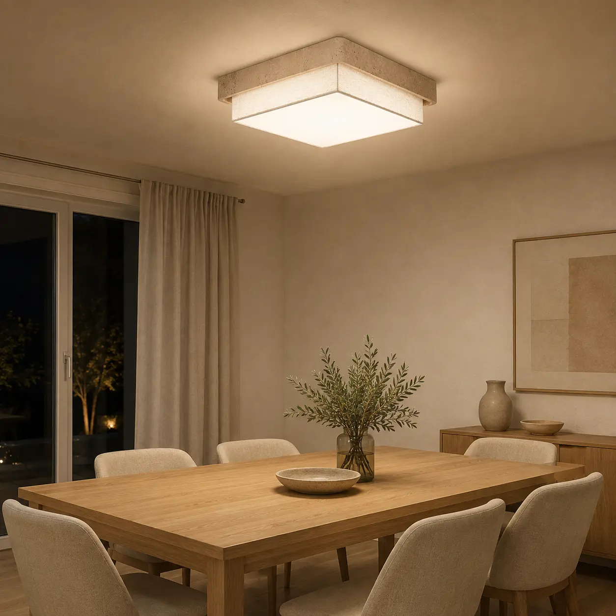 Square 50 cm travertine-look fabric LED ceiling light above a dining table