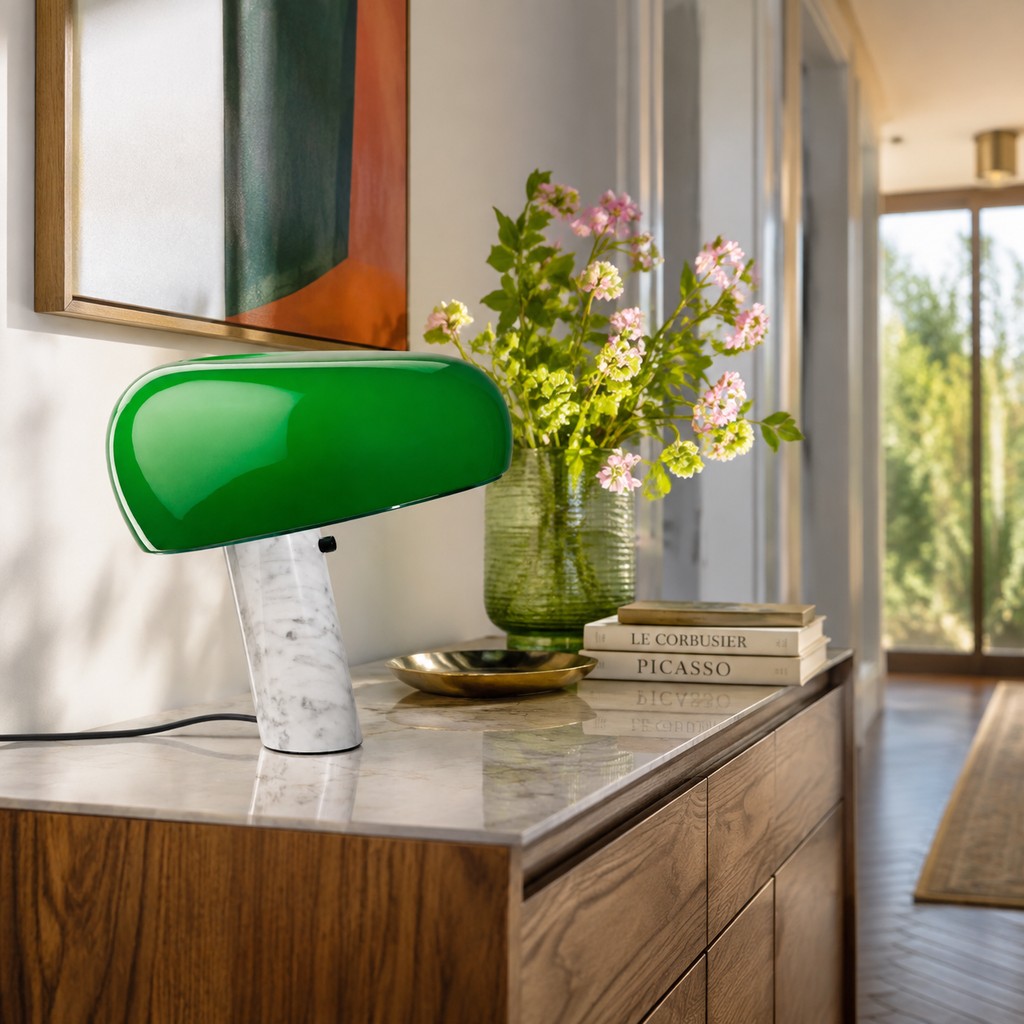 Grüne Snoopy-Tischlampe ausgeschaltet auf einer Eingangskonsole