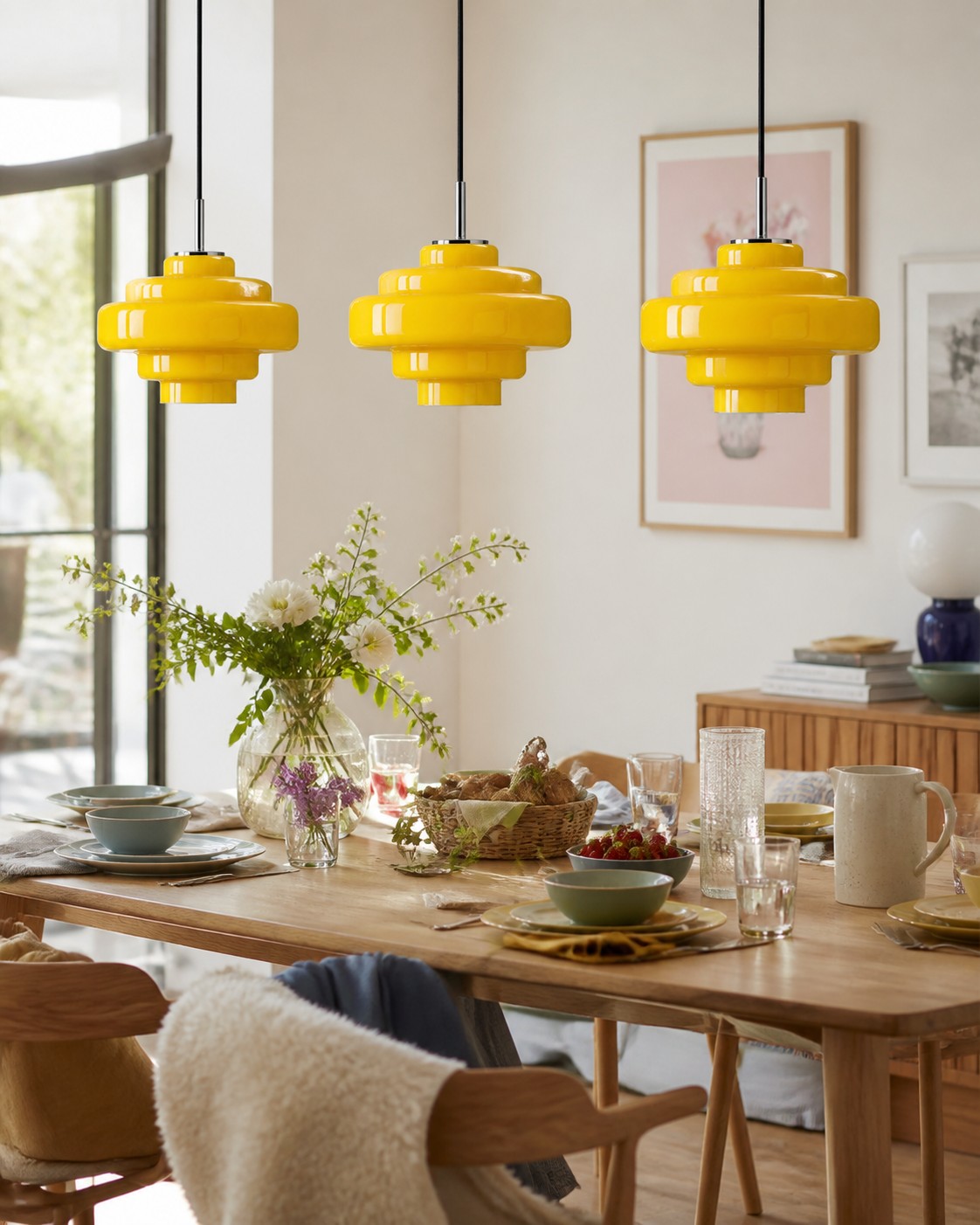 Tres colgantes Meduse amarillos encima de una mesa de comedor