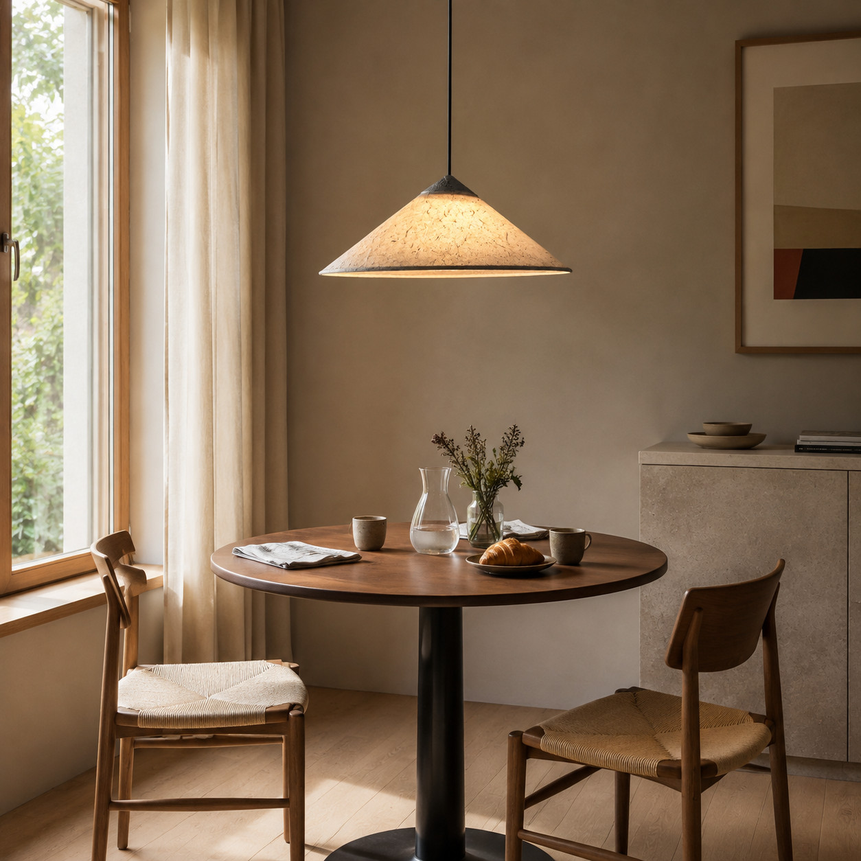 Un solo colgante de papel washi sobre una mesa de comedor compacta.