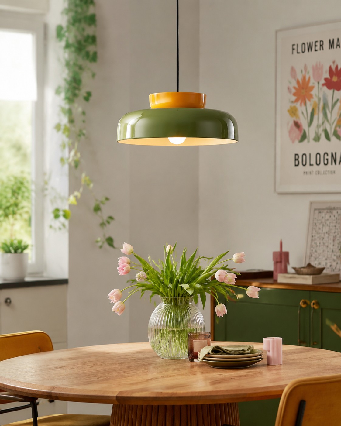 Colgante de cuenco verde sobre una mesa de comedor