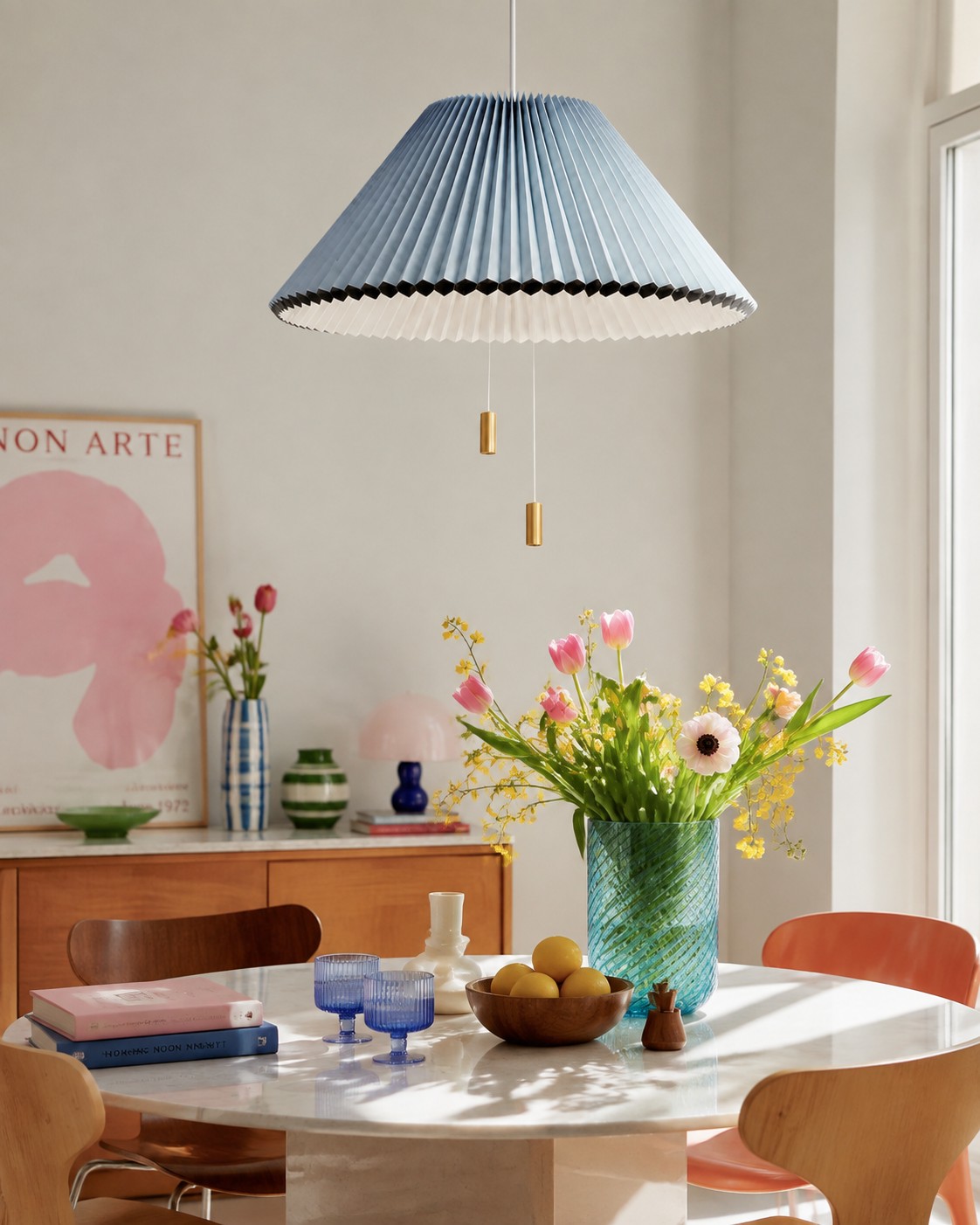 Colgante plisado azul sobre una mesa de comedor