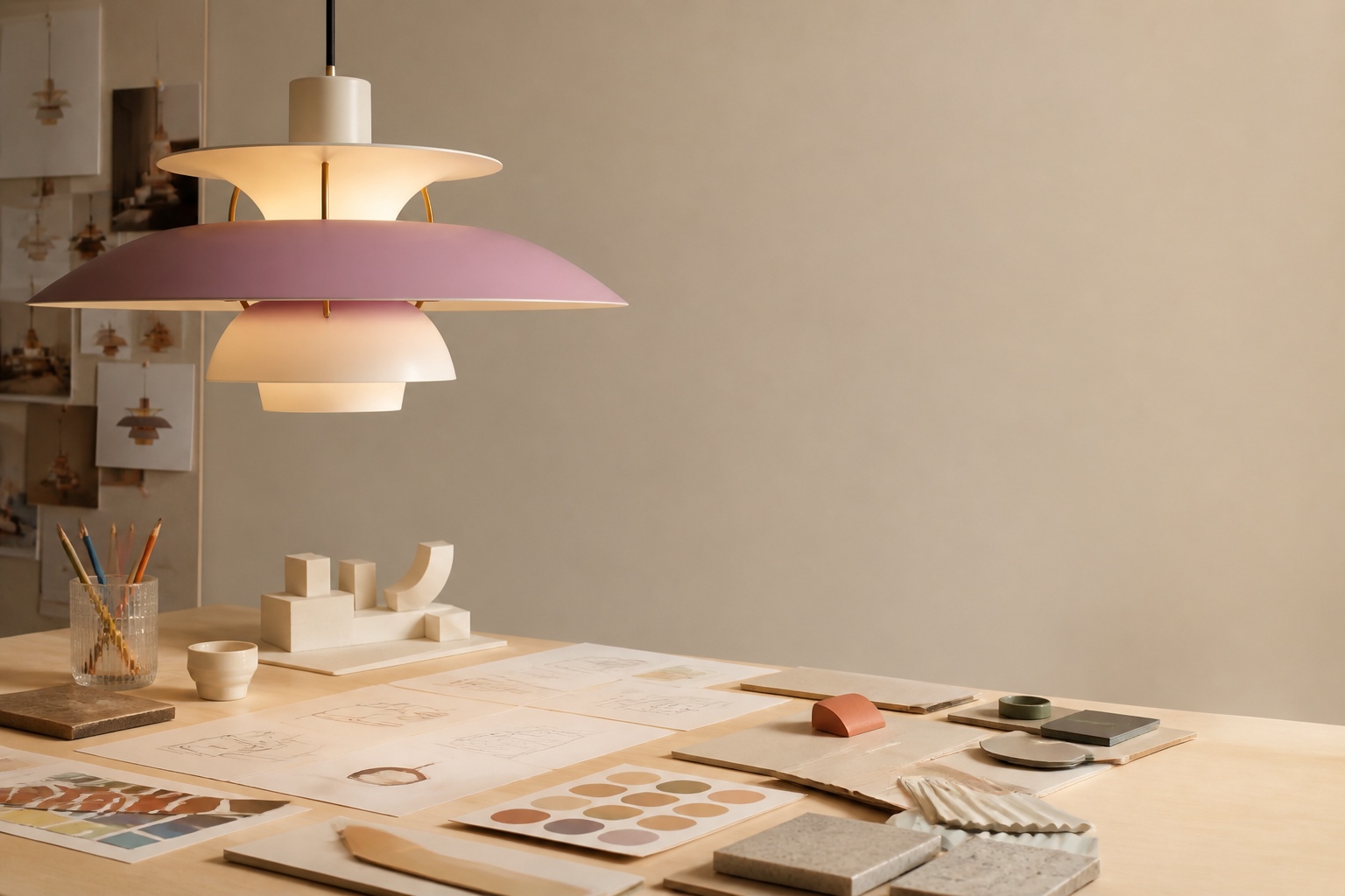 Estudio europeo de diseño de iluminación con muestras de color, estudios de materiales y prototipos de lámparas colgantes.