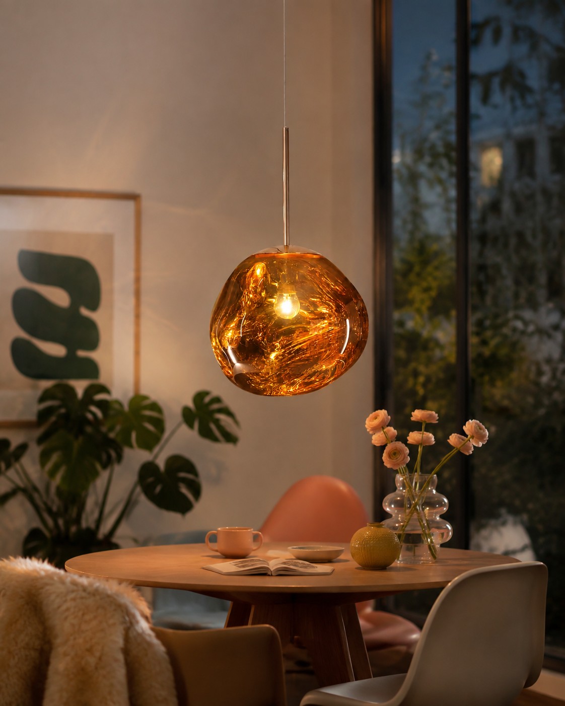 Colgante Golden Melt brillando sobre una mesa de comedor por la noche