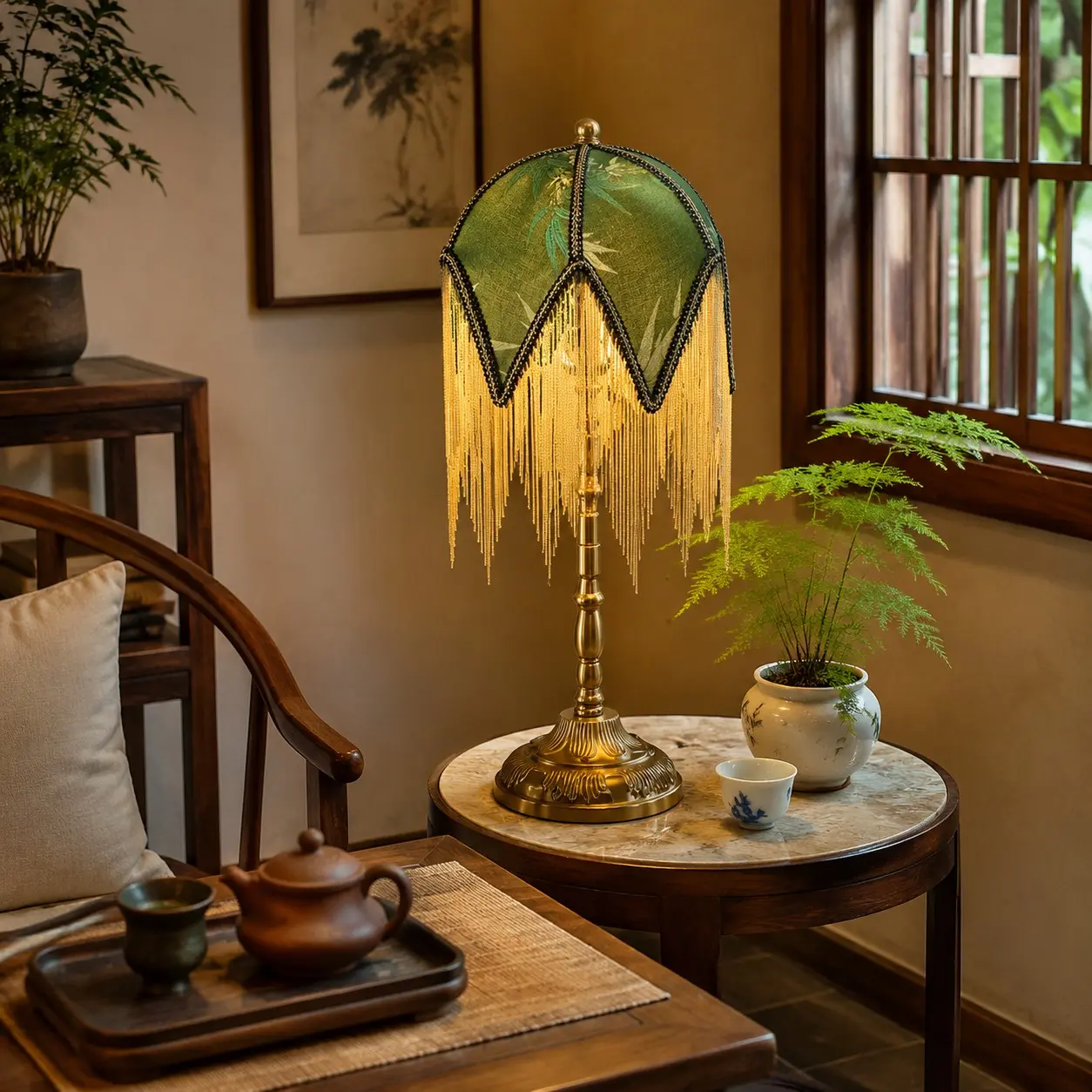 Vintage green tassel table lamp in a tea room