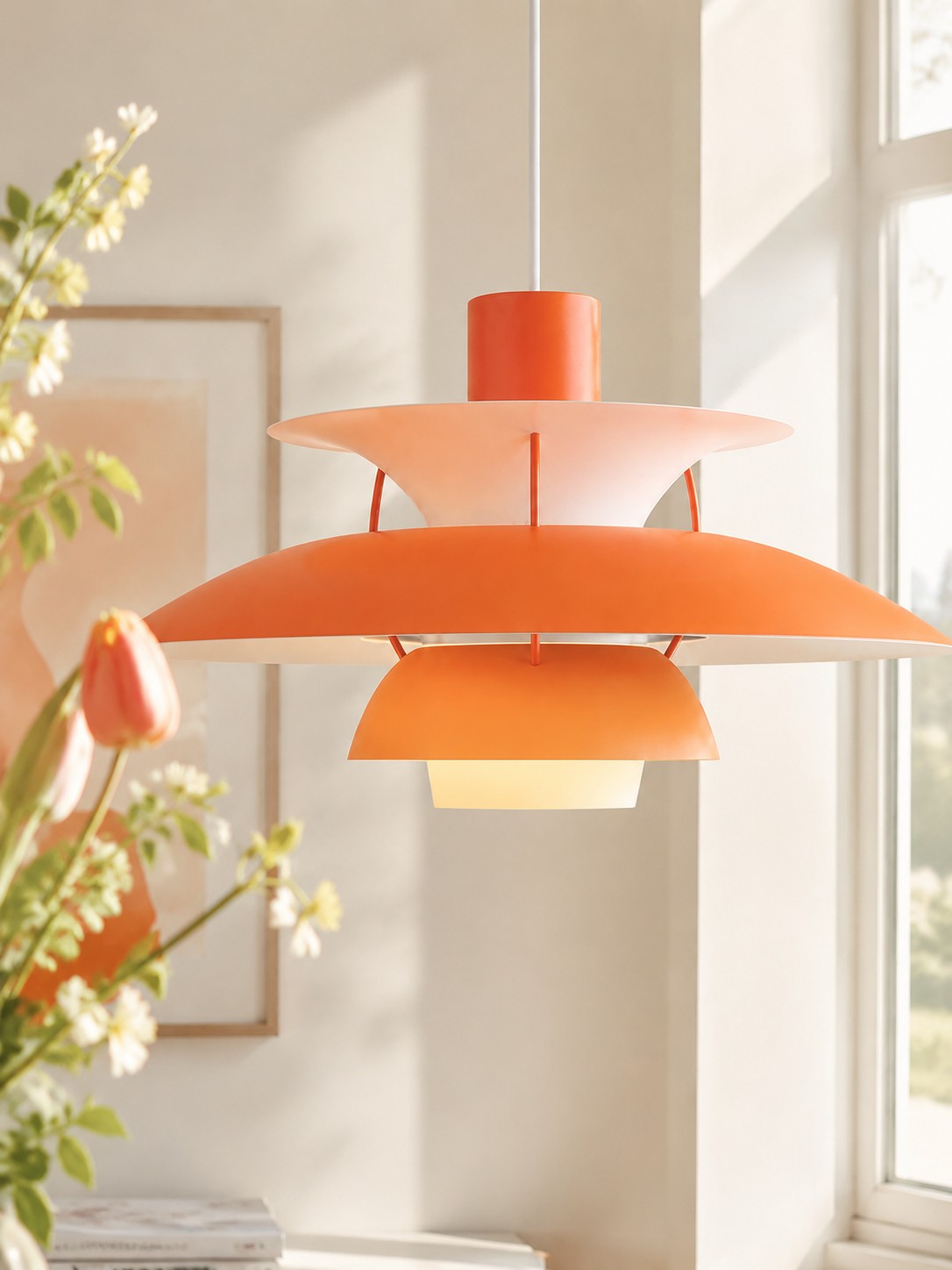 Lámpara colgante de metal multicapa naranja en una habitación luminosa