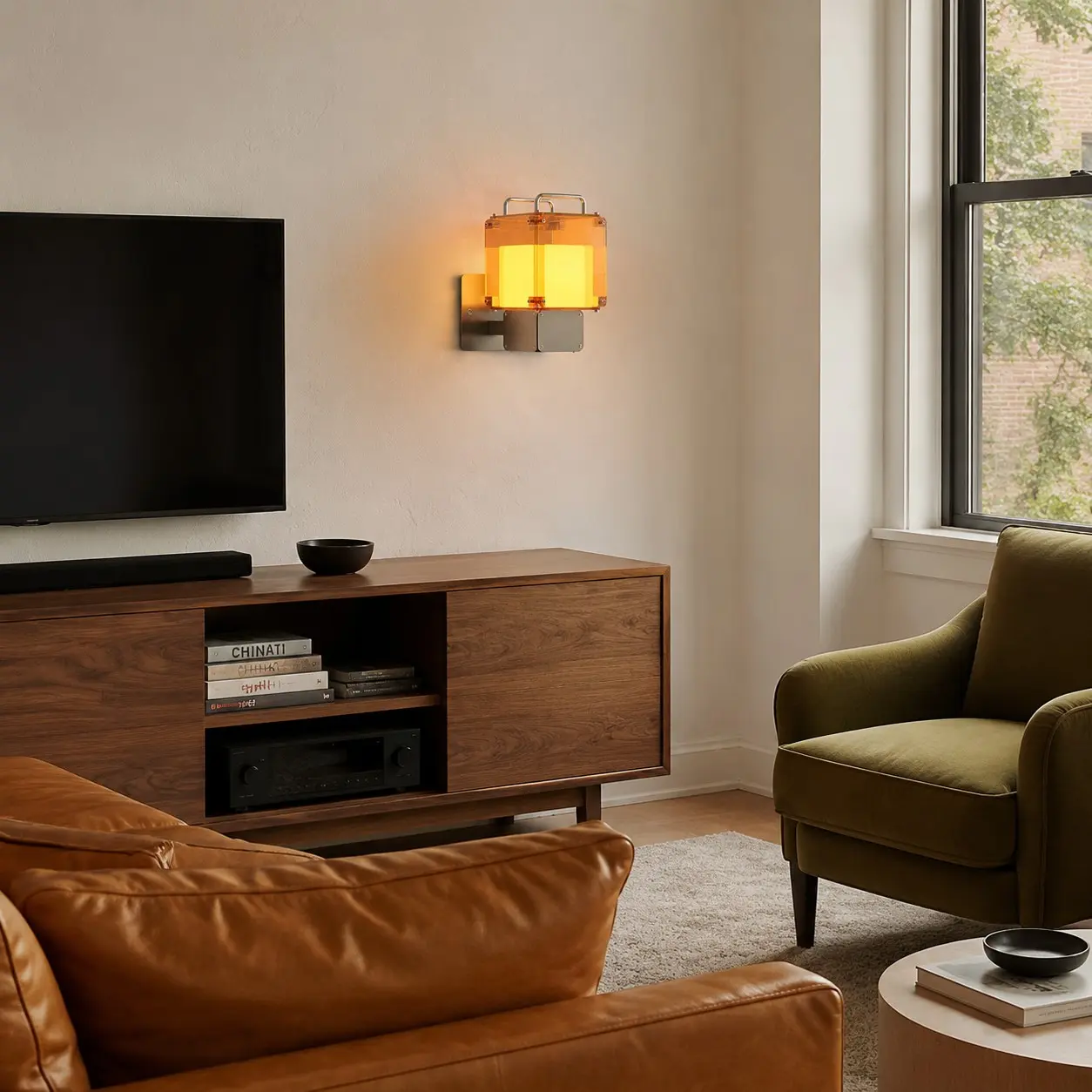 Amber wall light in a contemporary living room