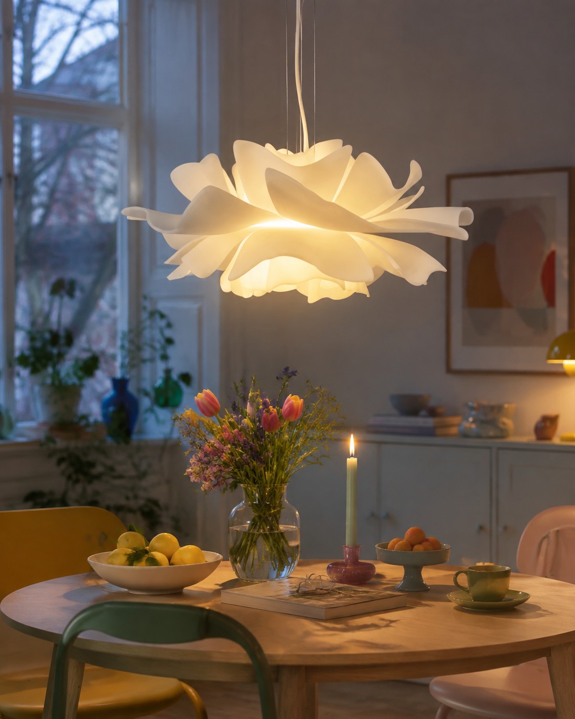El colgante White Flower brilla intensamente en un comedor de estilo suave