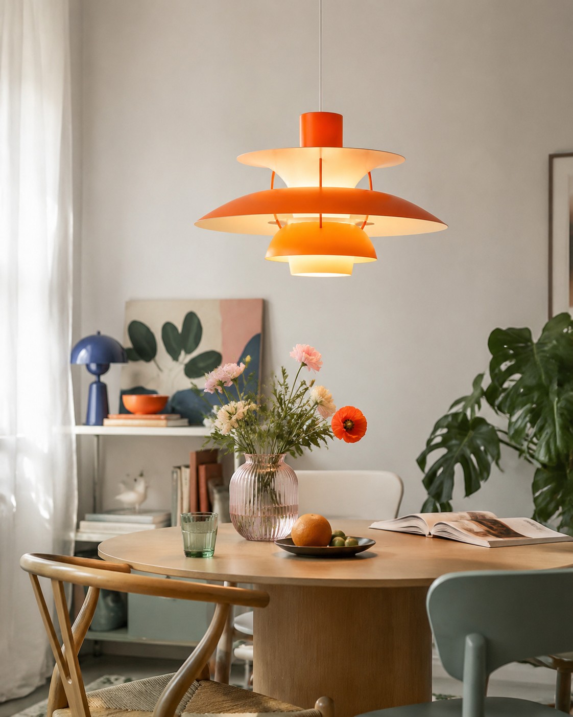 Lámpara colgante de metal multicapa naranja en un comedor luminoso