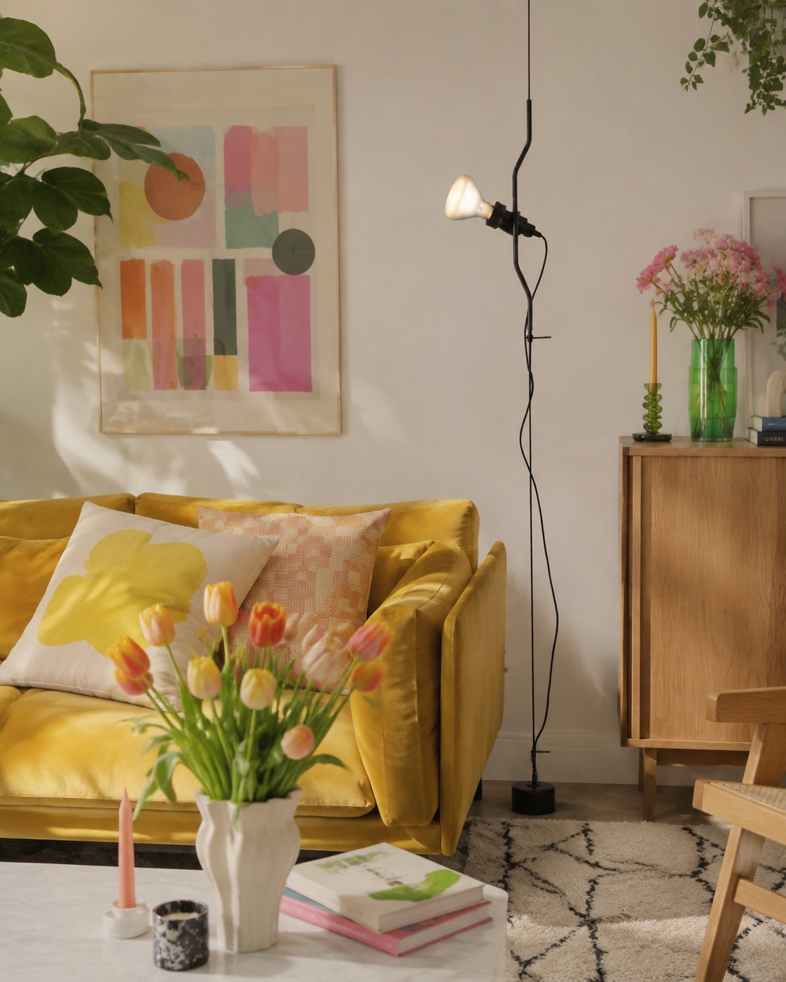 Lámpara Parentesi negra junto a un sofá amarillo