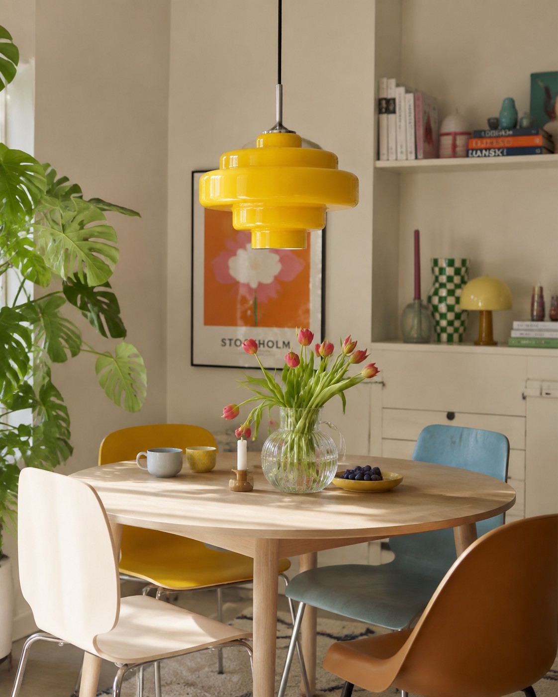 Colgante de cristal amarillo en un comedor animado