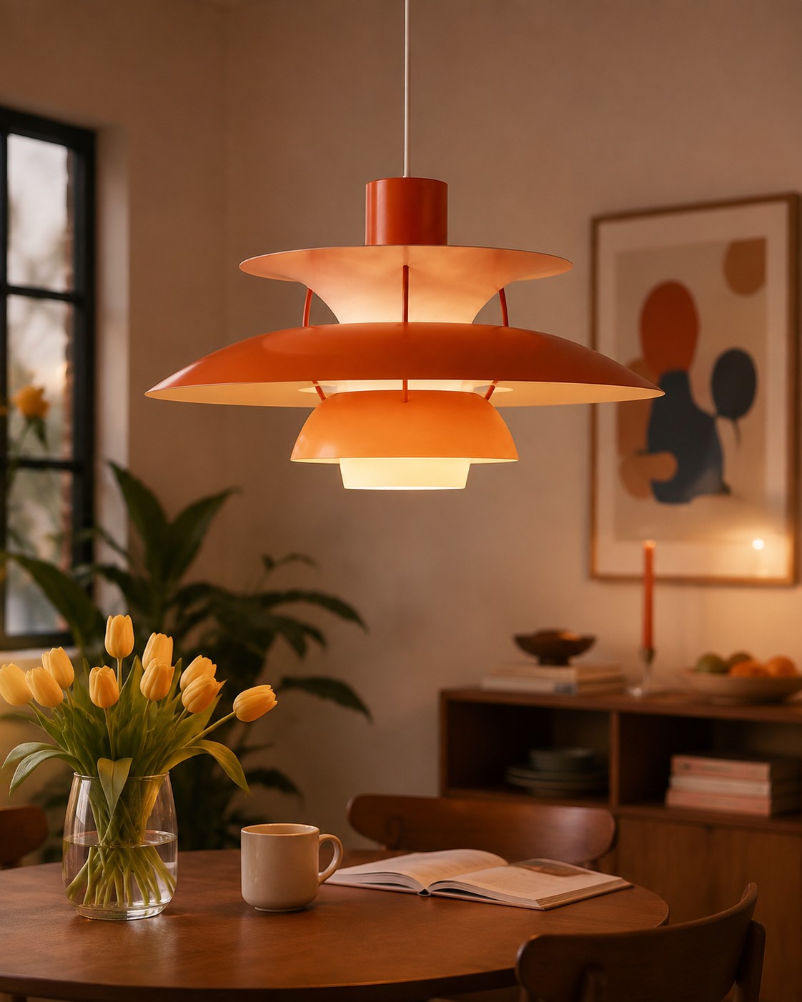 Lámpara colgante de metal multicapa naranja brillando sobre una mesa de comedor