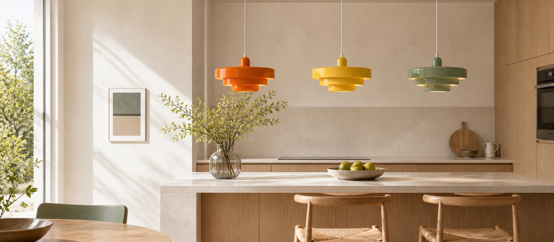Luces colgantes dispuestas sobre un cálido comedor