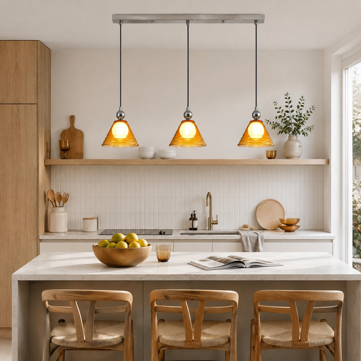 Tres lámparas colgantes de cristal ámbar sobre una mesa de comedor.